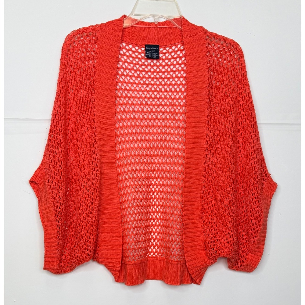 Faded Glory Crochet Cardigan Womens L‎ Coral Open Knit Mesh Shrug Beach Preppy